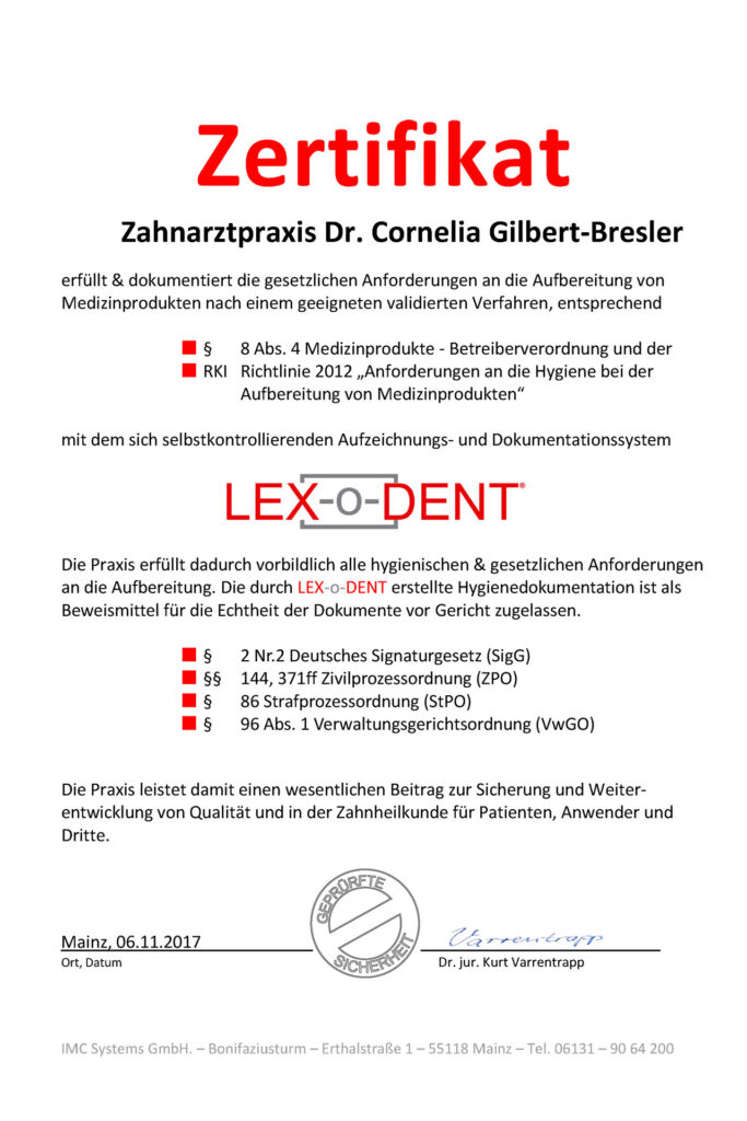 Zertifikat Lex-o-Dent